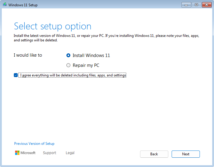 Windows 11: valg af installationsmulighed. En ren installation kan slette filer, apps og indstillinger.